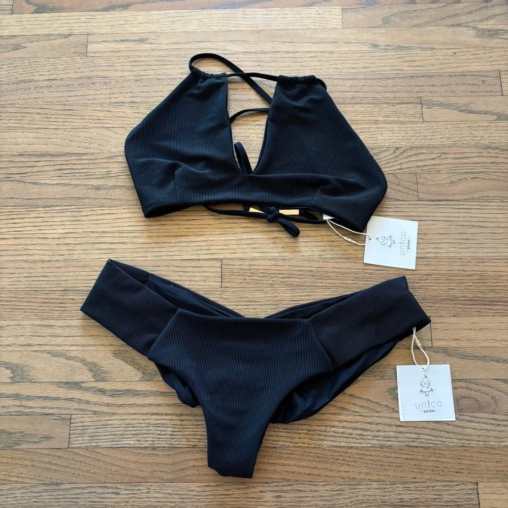 Unico Swim Black Ribbed Bikini Set Brie Top XL Lilly Vee Bottom XXL NWT